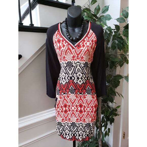 Scotch and Soda Knee Length Dress Womens Multi Geo Print Viscose Split V Neck - Picture 10 of 12